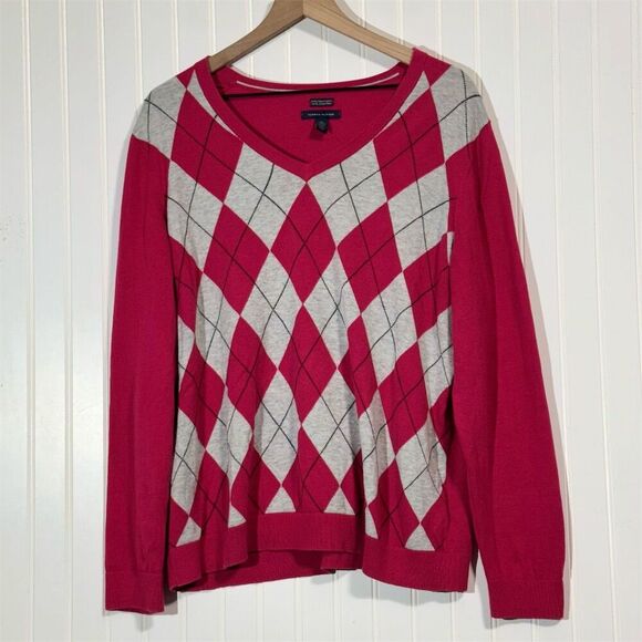 Tommy Hilfiger Women’s XXL Sweater Hot Pink Gray Argyle V-Neck 100% Pima Cotton - Picture 1 of 9